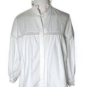 Ruffle Neck Button Front Blouse White Cotton Zara Cottagecore Regency Women‎ XS